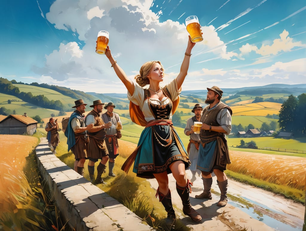 anglo saxon woman on Cute Poster Art for Oktober Fest in the German countryside, girl dressed in traditional tracht and drinking beer, new exciting angle