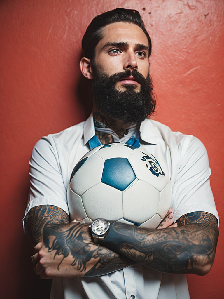 a tattooed soccer player with long black beard stands in a front of the bright yellow wall