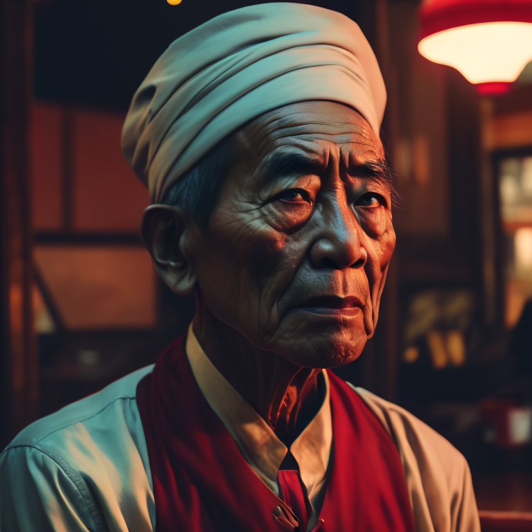 portrait of an Asian man 80 years old, Asian mafia, tattoo on a neck, angry face,