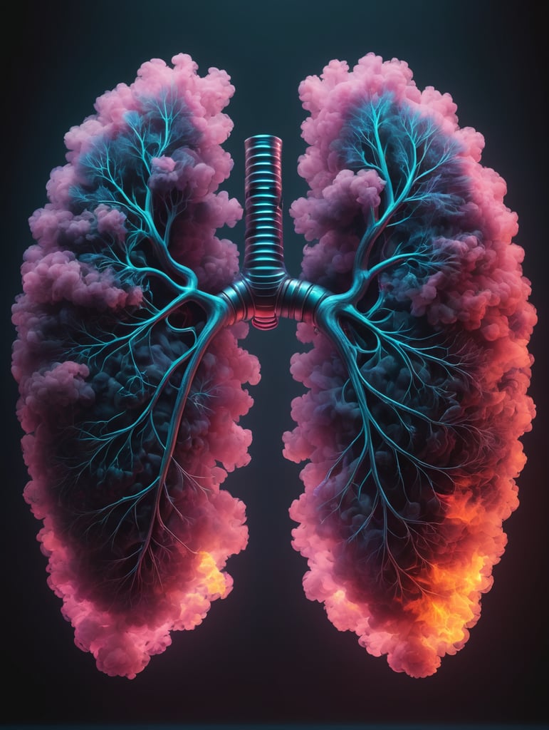 a pair of lungs with ephemeral smoke and fire, dark, neon, cyberpunk