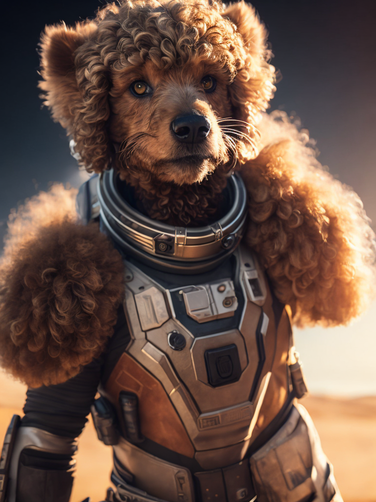 A curly poodle like a Rocket Raccoon from Guardians of the Galaxy wearing astronaut costume on the Mars