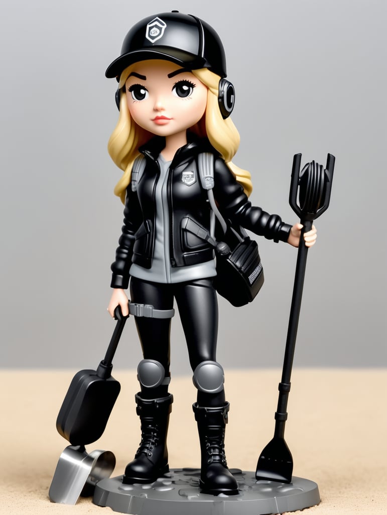 Female funko pop character with shoulder length straight blonde hair wearing black cap and black clothes with grey wellies and headphones on holding a metal detector and spade with a bag around the waist