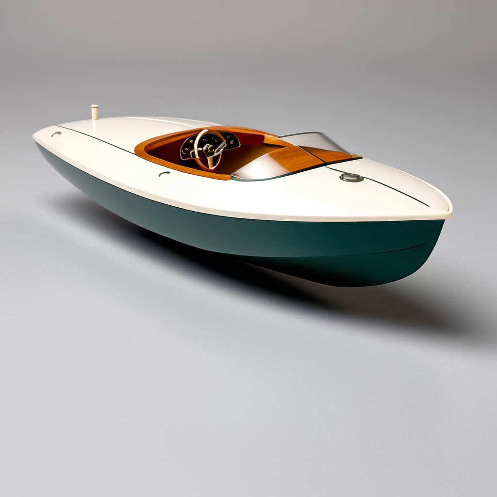 Toy chubby 1950s riva high speed racing boat designed by Dieter Rams. Simplistic minimalist post modernist product design. Oak top decking and white injection molded plastic hull. Full object in view.