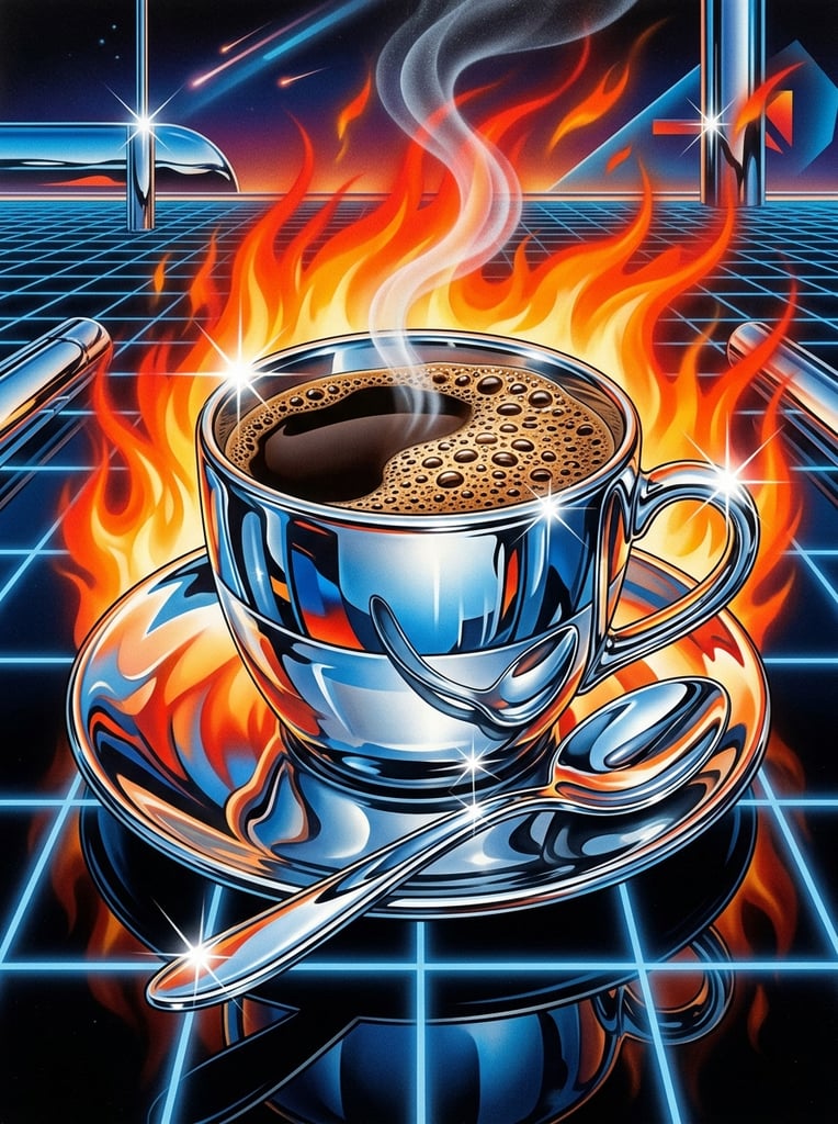 A hyper-reflective chrome teacup and saucer sits on a glossy surface mapped with a cool blue grid. The cup holds dark coffee clustered with tan bubbles, emitting a delicate wisp of white steam. A polished spoon rests on the saucer, the metallic elements gleaming with extreme specular starburst highlights and sharp, distorted reflections. Vibrant orange and red stylized flames erupt in the background, contrasting intensely against the cool surroundings. The elevated close-up perspective emphasizes a retro-futuristic airbrush illustration style characterized by crisp, saturated vector-like aesthetics.