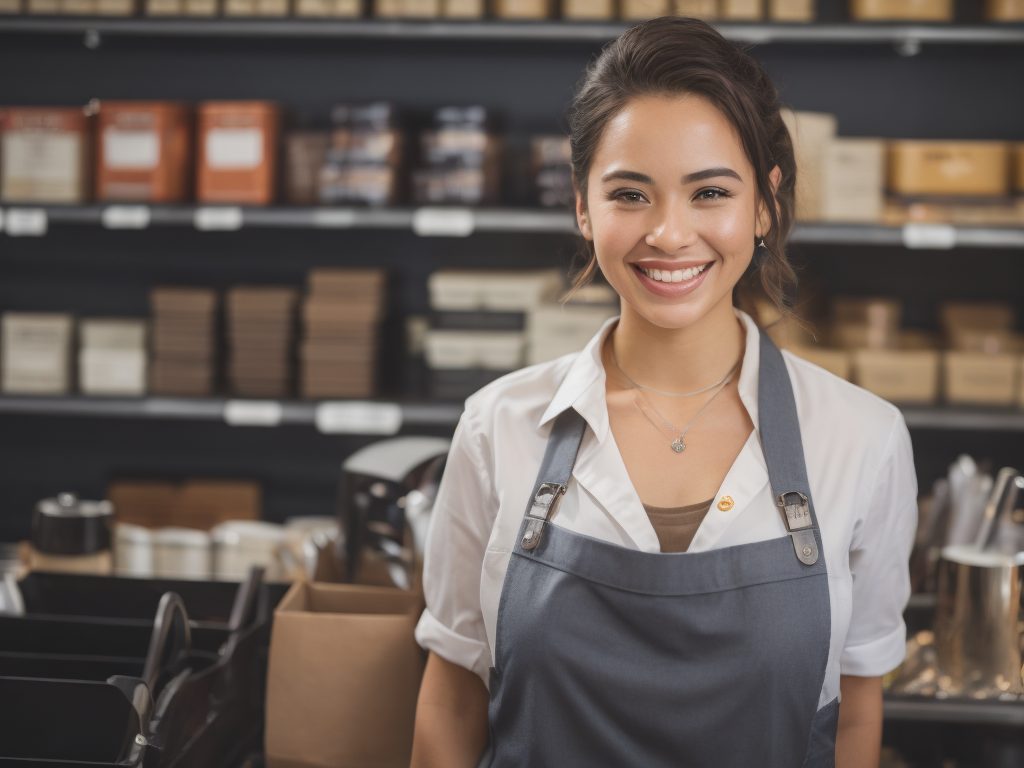 A woman store worker smiles. Retail store, grocery, bakery, pharmacy. Lady with an apron working in the market.