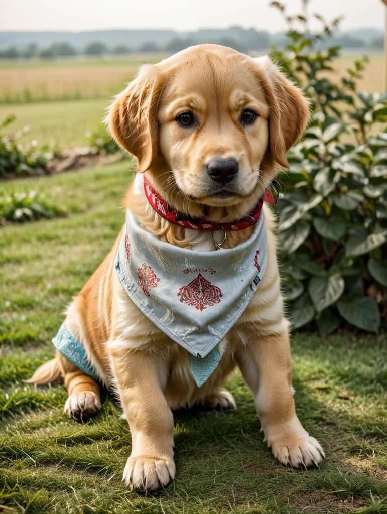 First Person POV of a golden retriever puppy with a bandana
