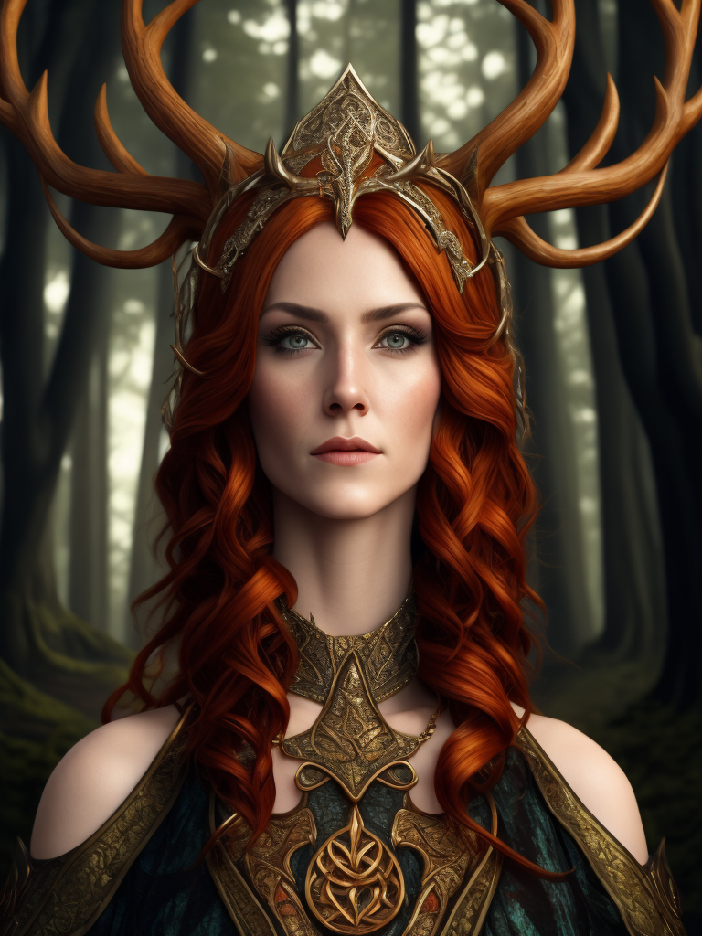 stained glass effect, celtic pagan red haired woman wearing antlers on her head, regal goddess, beautiful, in a forest, wearing ancient goddess robes with celtic embroidery, dark evening background, stained glass style