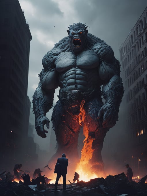 Donald trump depicted as a giant monster destroying a city