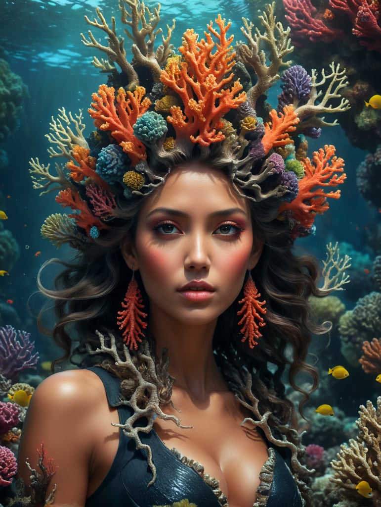 WS,an image of a woman with corals in her hair, in the style of mixes realistic and fantastical elements,fashion Deep V clothing, 4k