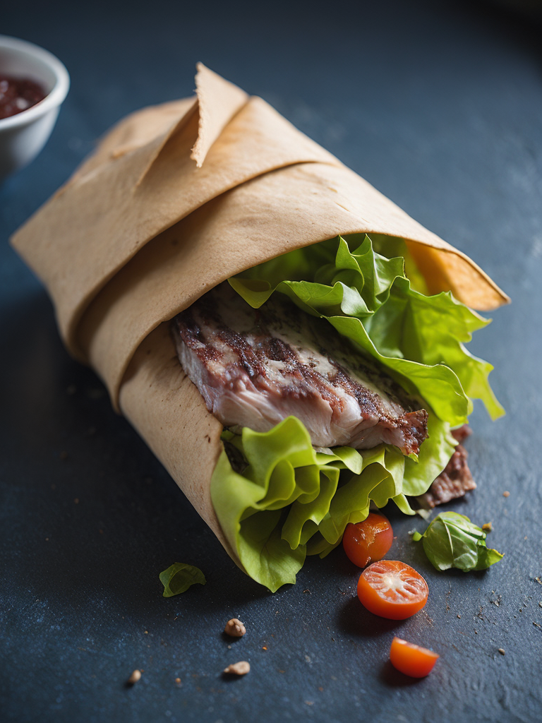 Sandwich wrap with tuna fish, lettuce and cucumber, on a wooden blue table