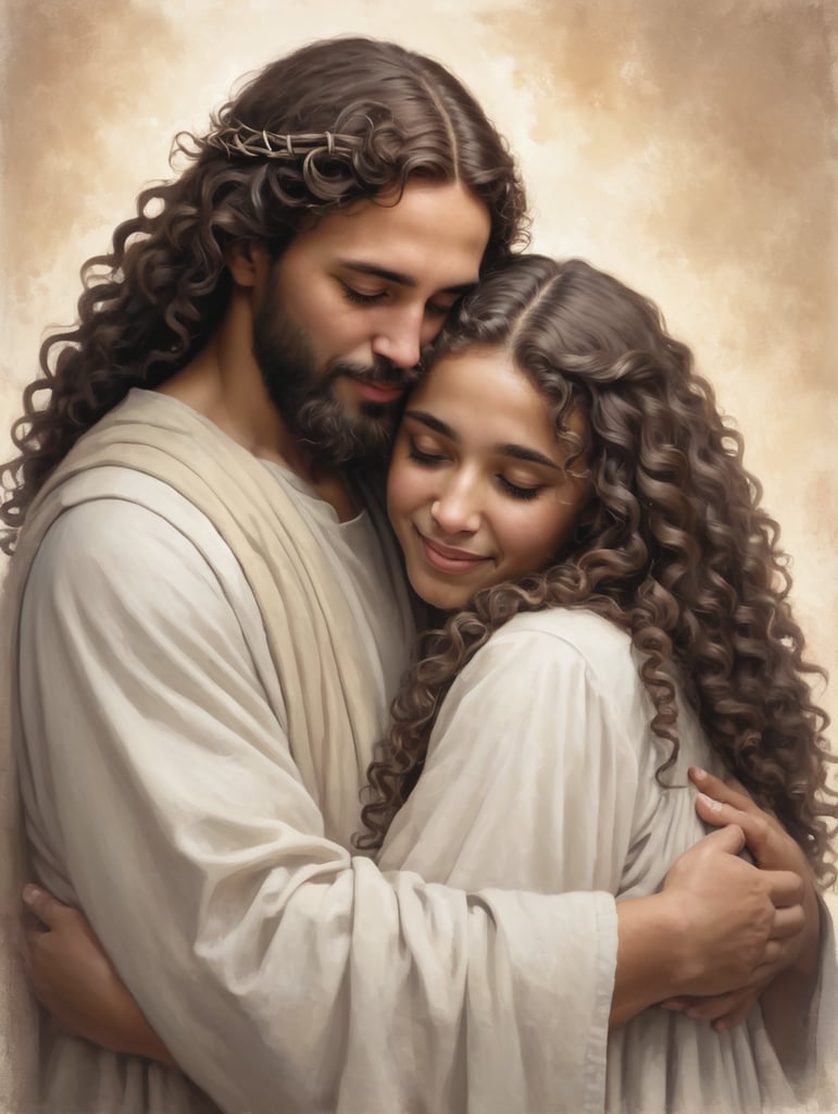 Curly girl hugging Jesus