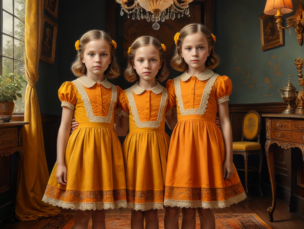 Vintage portrait of twin girls wearing a dress, complementary colors, Wes Anderson style, Incredibly high detail, Bright colors, yellow color, orange color,