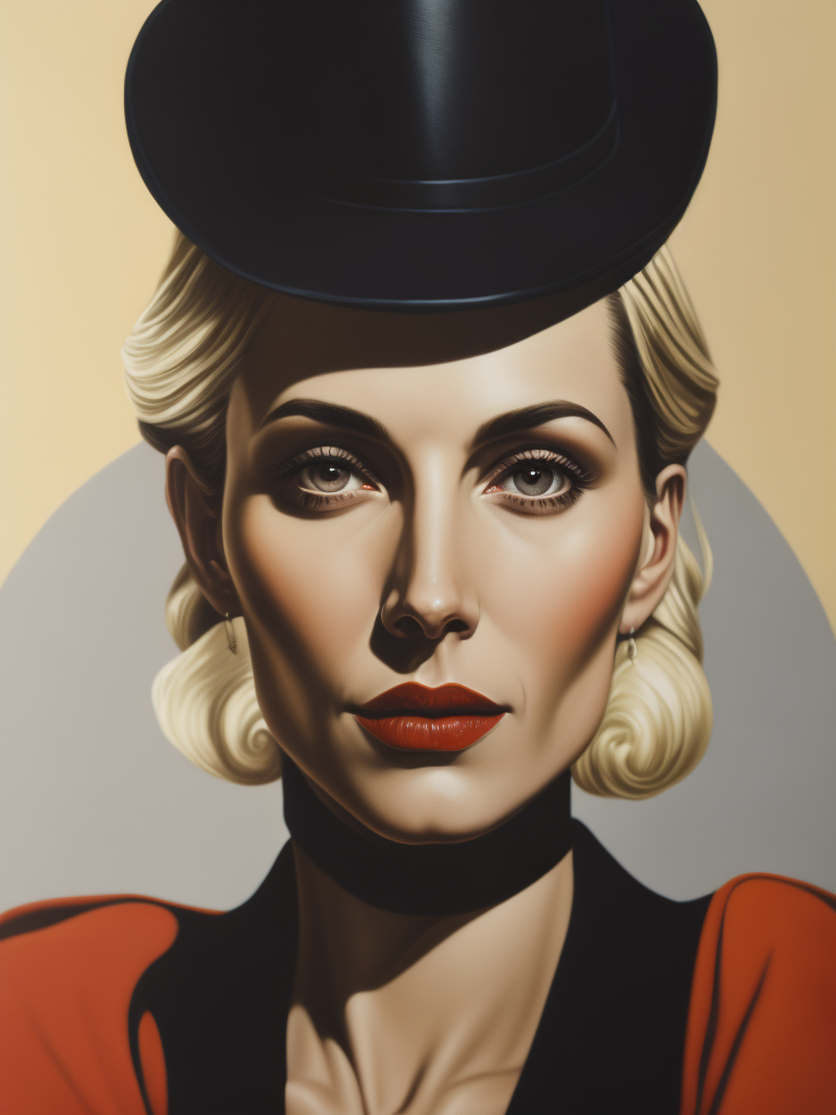 A painting of a very beautiful, middle aged woman in the art deco style of Tamara de Lempicka.