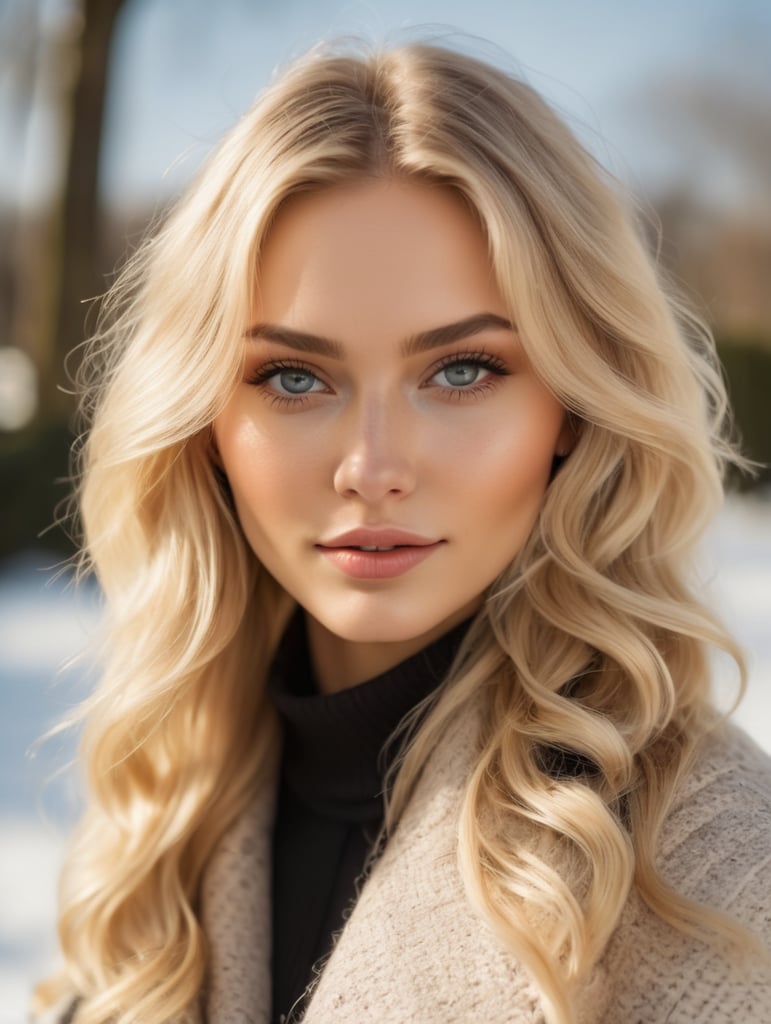 professional photography norwegian girl winter clothing long wavy blonde hair sultry flirty look freckles symmetrical face natural makeup warm winter fashion in spring sunny garden mnoho jarních květin