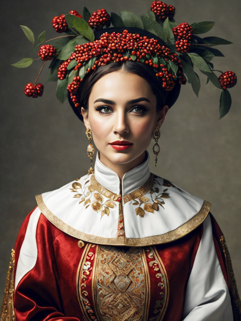 Portrait of a Beautiful women from Russian fairytale wearing traditional costume around bunches of rowan