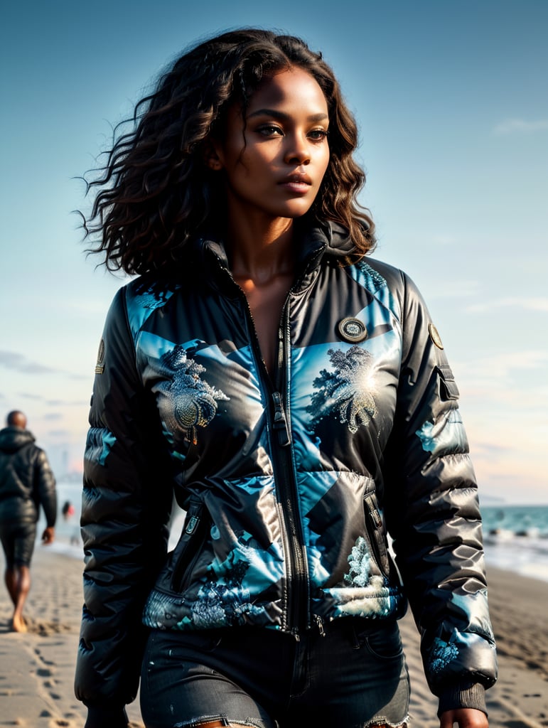 black woman model walking on fashion beach runway wearing black puffer jacket with nothing changed print