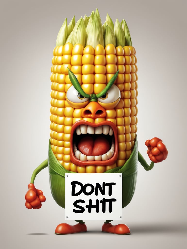 a realistic angry corn holding a sign "Don't eat Shit!", WHITE background