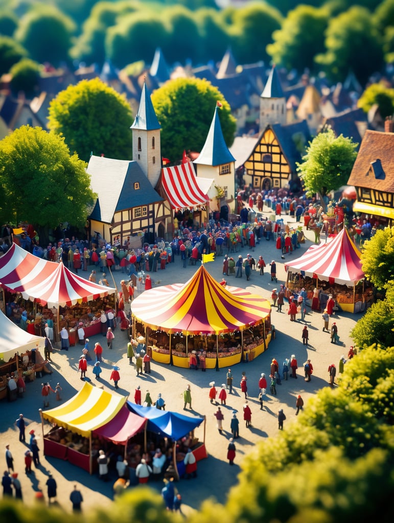 A medieval-inspired creative concept is depicted in a tilt-shift photograph capturing the joyful ambiance of a village fete and fair