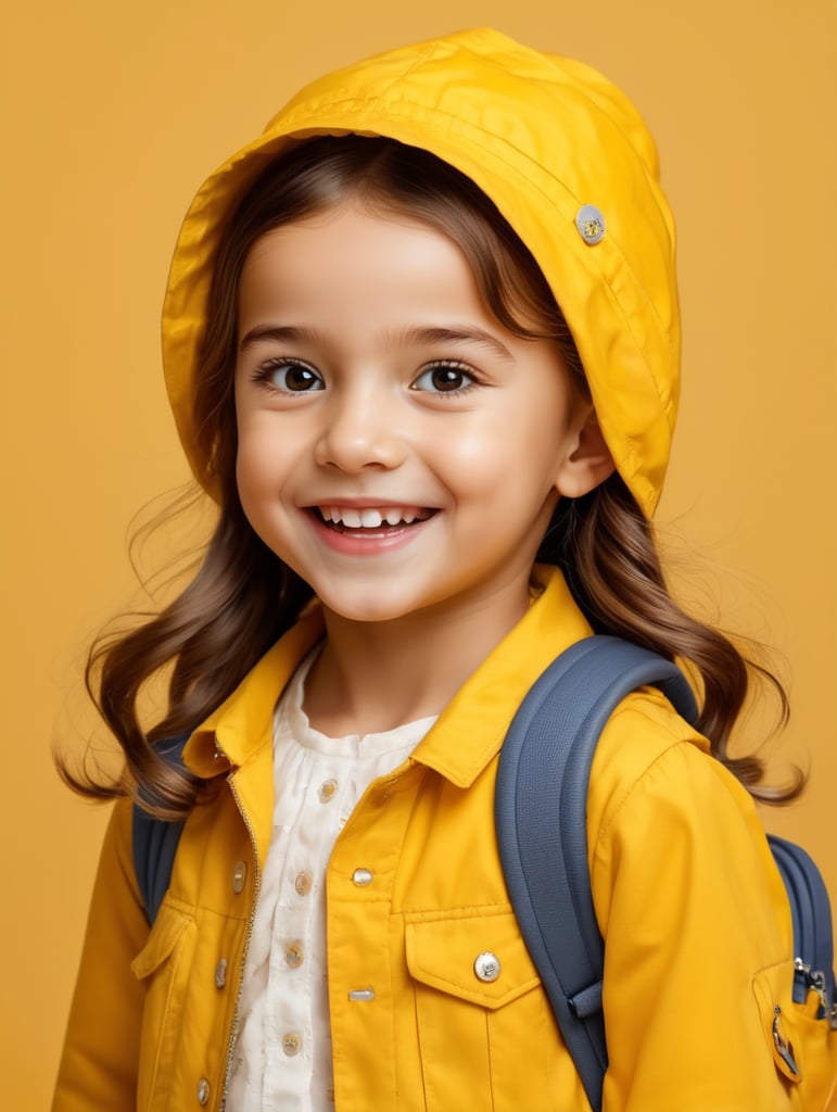 photo happy little girl going to travel, cute girl, dressed in all yellow, yellow background, harpers bizarre, cover, headshot, hyper realistic