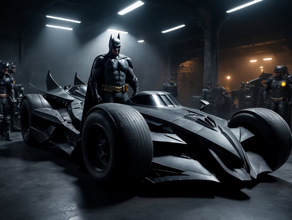 batman standing on batmobile