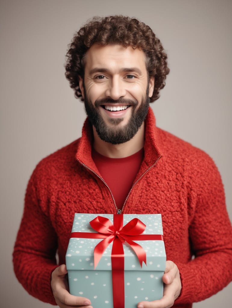 portrait of a bearded curly man wearing red knitted jacket, stands front camera with gift box his hand, happy birthday images, spring time