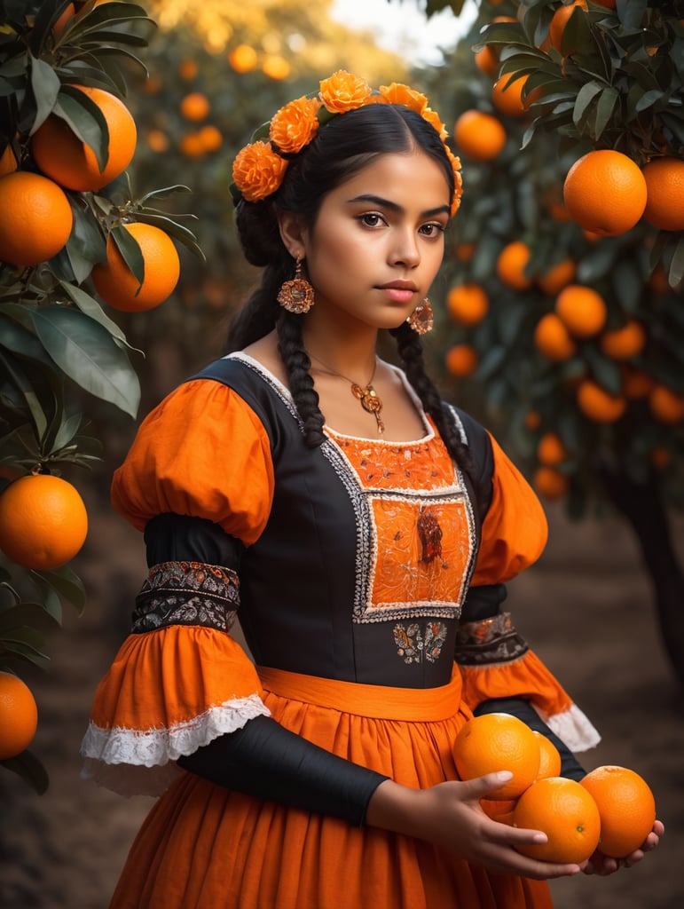 Portrait of a young, dark and beautiful Mexican girl growing oranges from Mexico in 17th century Mexican folk dress, dramatic lighting, depth of field, orange trees in the background. Oranges should have a beautiful, even structure. Incredibly high detail holding fresh oranges in hand