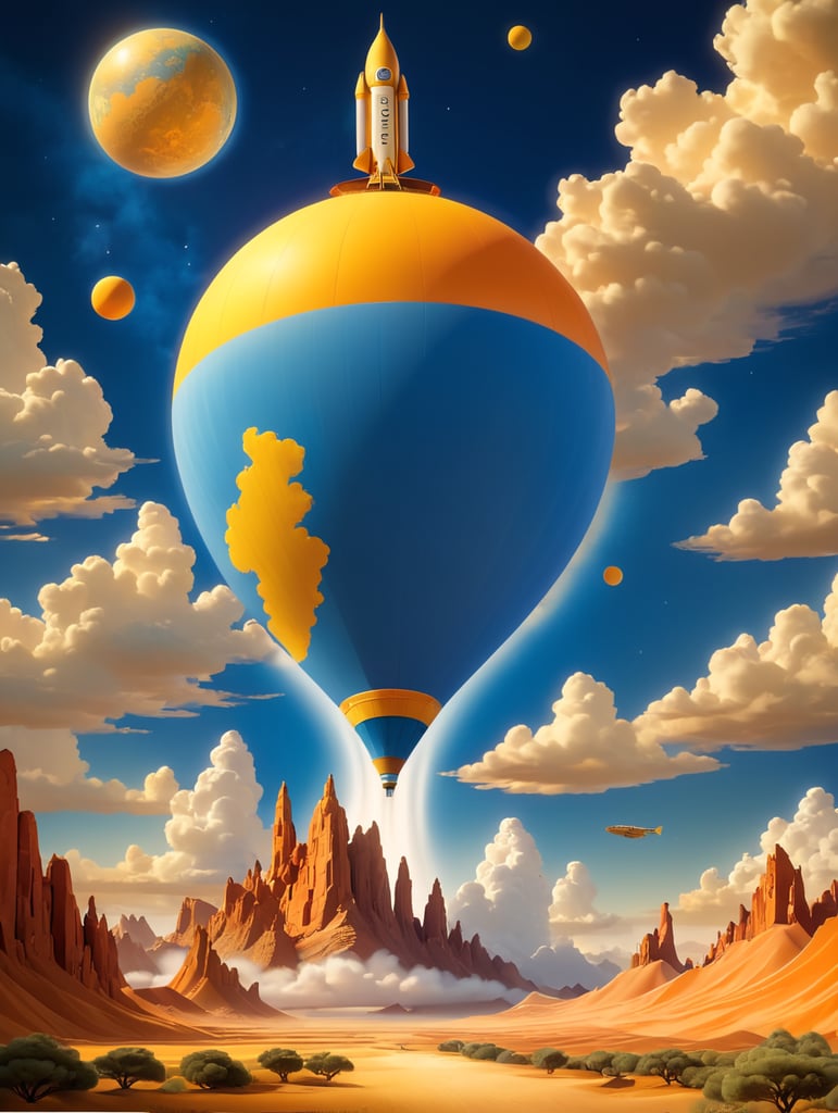 Ein Vintage-Reiseplakat für Venus im Hochformat. Die Szene zeigt die dicken, gelblichen Wolken der Venus mit der Silhouette eines sich nähernden alten Raketenschiffs. Geheimnisvolle Formen deuten auf Berge und Täler unter den Wolken hin. Der untere Text lautet: „Explore Venus: Beauty Behind the Mist“. Das Farbschema besteht aus Gold-, Gelb- und sanften Orangetönen und erweckt ein Gefühl des Staunens.