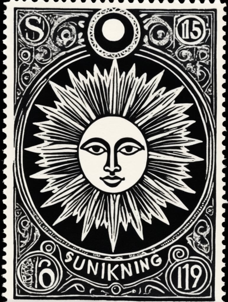 Black and white linocut postage stamp sun king thick bold dark lines