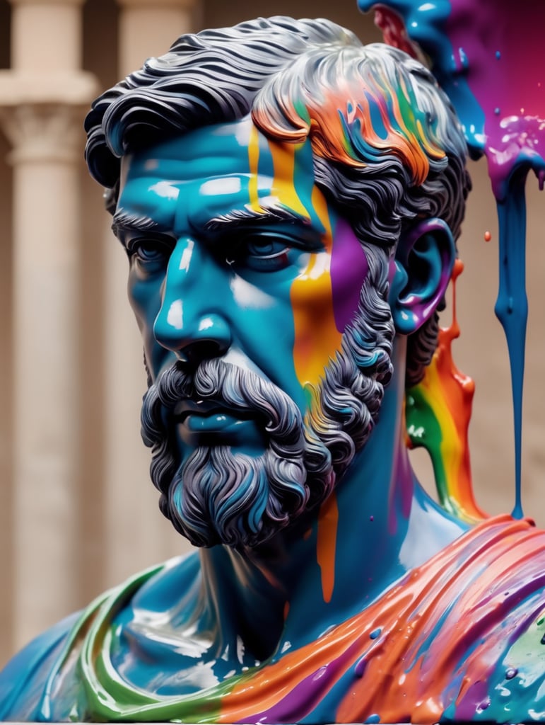 greek male bust with colorful paint, melted, the paint is flowing, aesthetic background