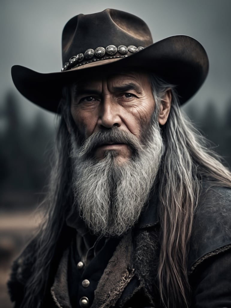 old cowboy with long beard, dark scene, dark atmosphere, epic shot, sharp on details