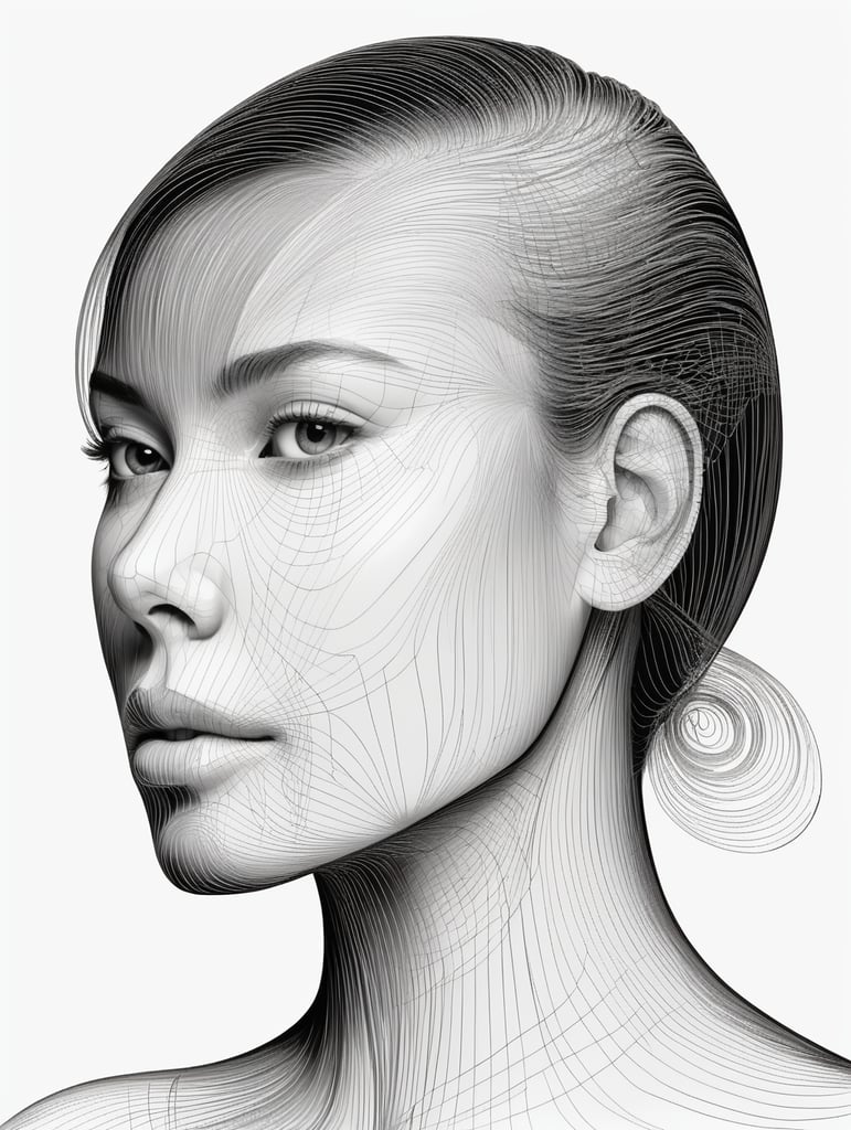 Black, thin lines that form the outline of the right profile of a woman's face. all lines have the same mass and weight. continuity can be seen in the common flow of all lines. the lines occupy only the central part of the image. white background.