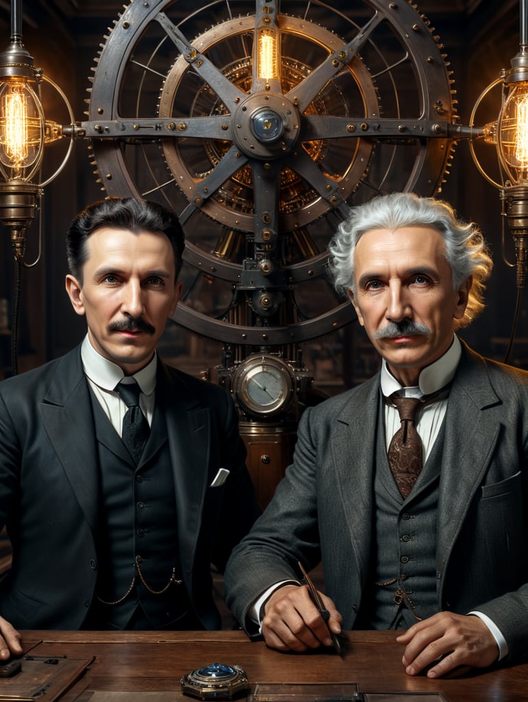 Portrait of Nikola Tesla and Albert Einstein looking at the camera