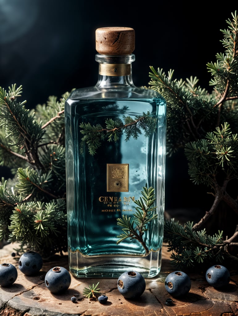 professional photography of a square gin bottle, square bottle, surrounding a juniper and juniper berries, one shot of gin in a front, no label, clear, mockup