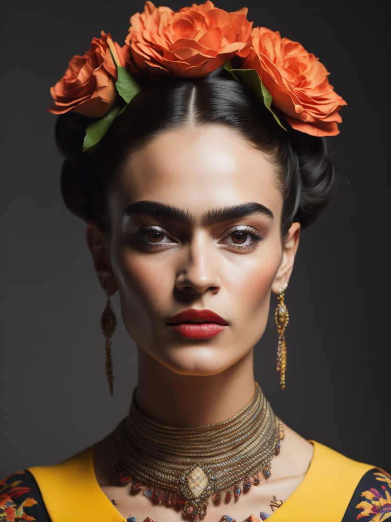 Portrait of Frida kahlo, bright and saturated colors, elegant, highly detailed, vogue, fashion magazine, sharp focus, Bright expressive makeup, Dramatic Lighting, Depth of field, Incredibly high detailed, blurred background