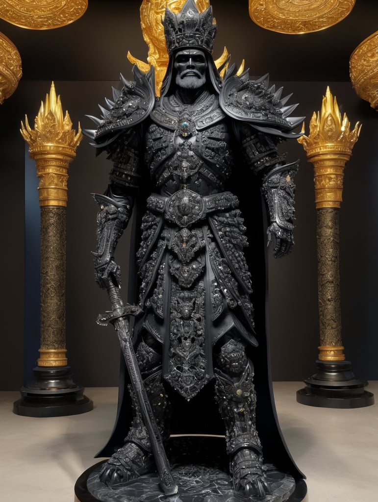 full body obsidian sculpture of the ruler of the dead and the underground, made of all black materials, reflective black obsidian bones, bejeweled armour and crown, sharp, extremely detailed, extremely intricate, volumetric lighting, photorealistic, 8k