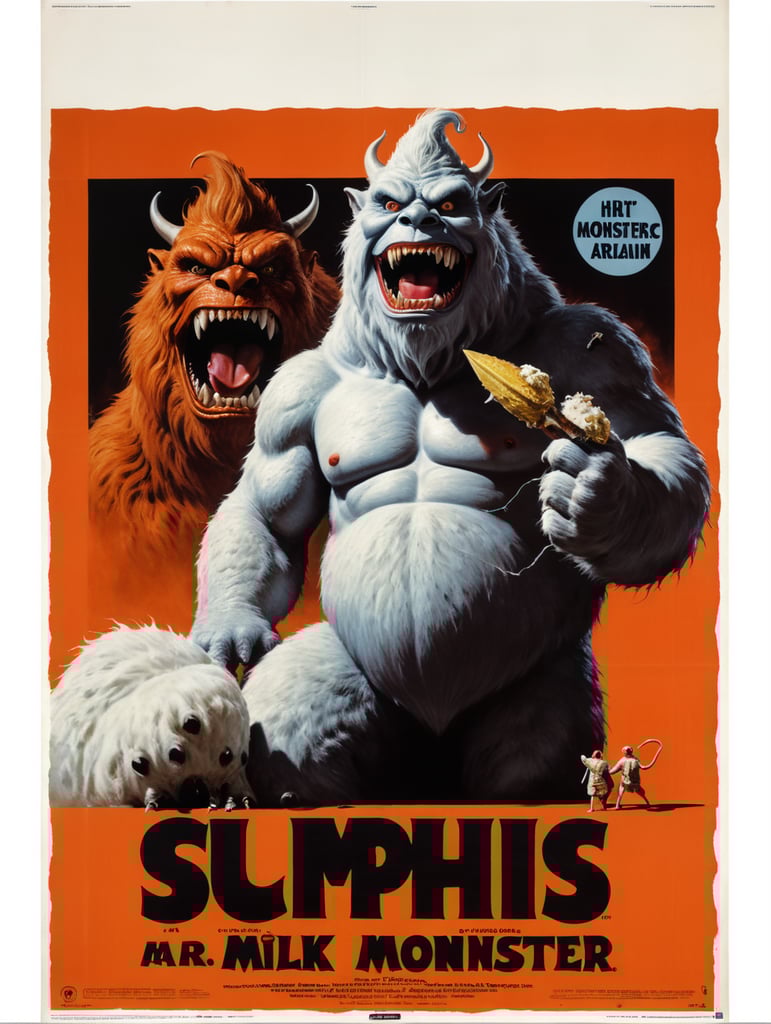 A vintage 1960s movie poster of a milk monster. The monster is fat and all white with soft fur.