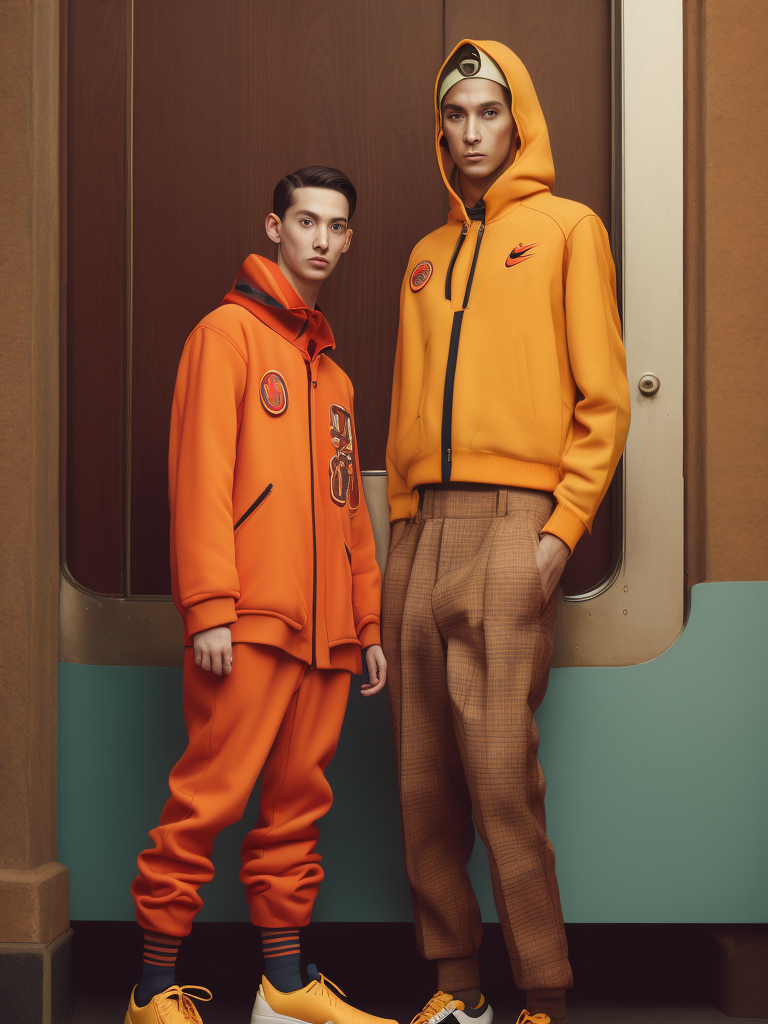 Nike editorial portrait, ultra detailed photography of fashion design concepts inspired by Wes Anderson films with model in a cinamagraphic style