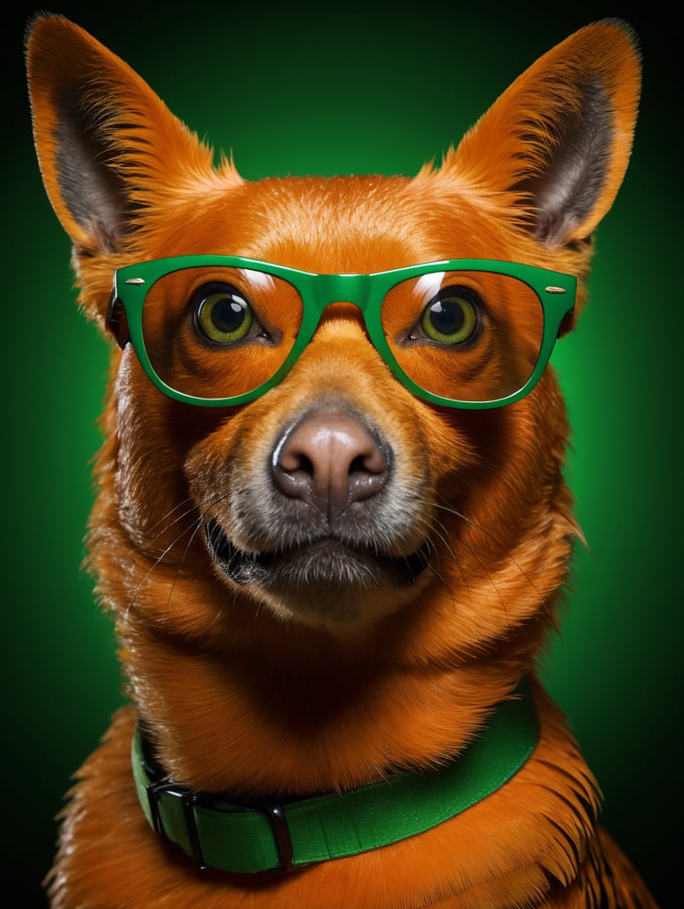 portrait of a orange Agapornis bird, wearing green sunglasses, green background, bright colors