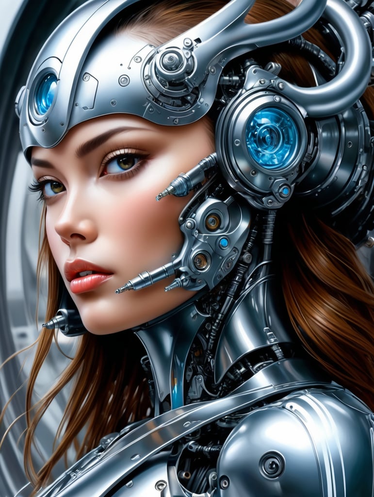 airbrush art sorayama inspired futuristic painting robot art mechanical details metallic hues sci fi illustration technological aesthetics surreal artwork robotic fantasy women