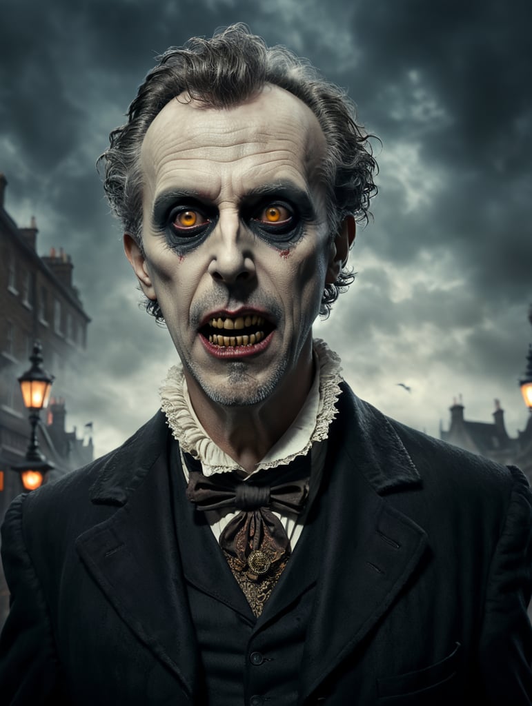 By Tim Burton, spooky Halloween eve, use reference image embodying a grotesque Victorian gentleman ghost, haunted London streets, surreal horror, Halloween charm, cinematic photography, action shoot, movement, epic, high definition