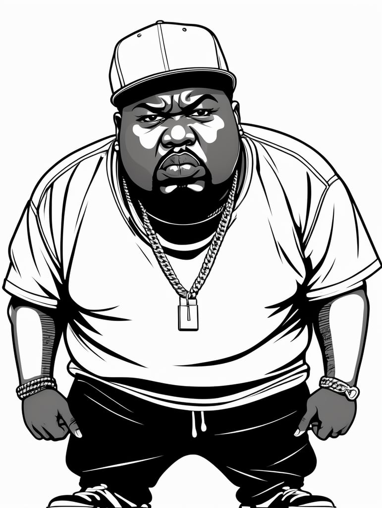 angry fat black rapper, in the style of basic simple line art vector comic art on white background