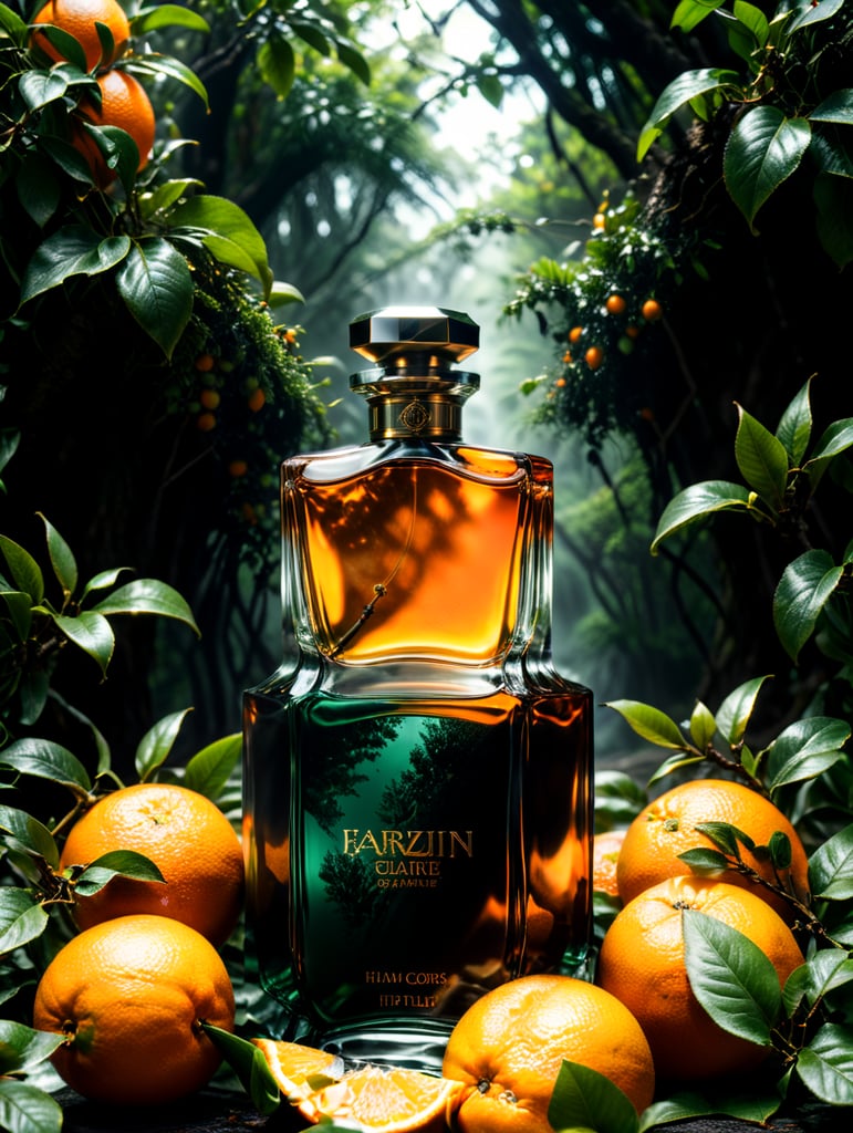 professional photography of a luxury perfume, orange fruits around, orange forest, green satin scarf, no label, clear, mockup