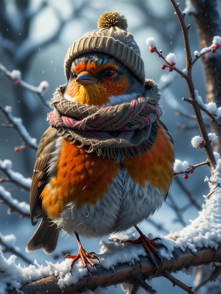 A robin sitting on a snowy branch wearing a woolly hat and scarf