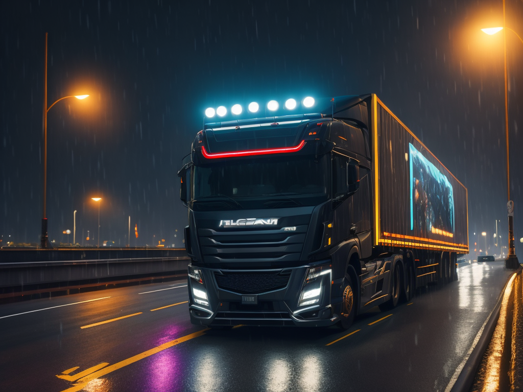 High tech trucks drive on the long and wide highway at the raining night. Headlights and cyberpunk advertisements light up the night all around.