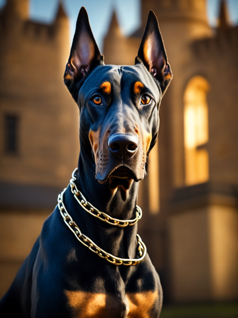 Doberman dog, golden chain, aggresive look, in front of a castle, dramatic Lighting, Depth of field, Incredibly high detailed, deep colors