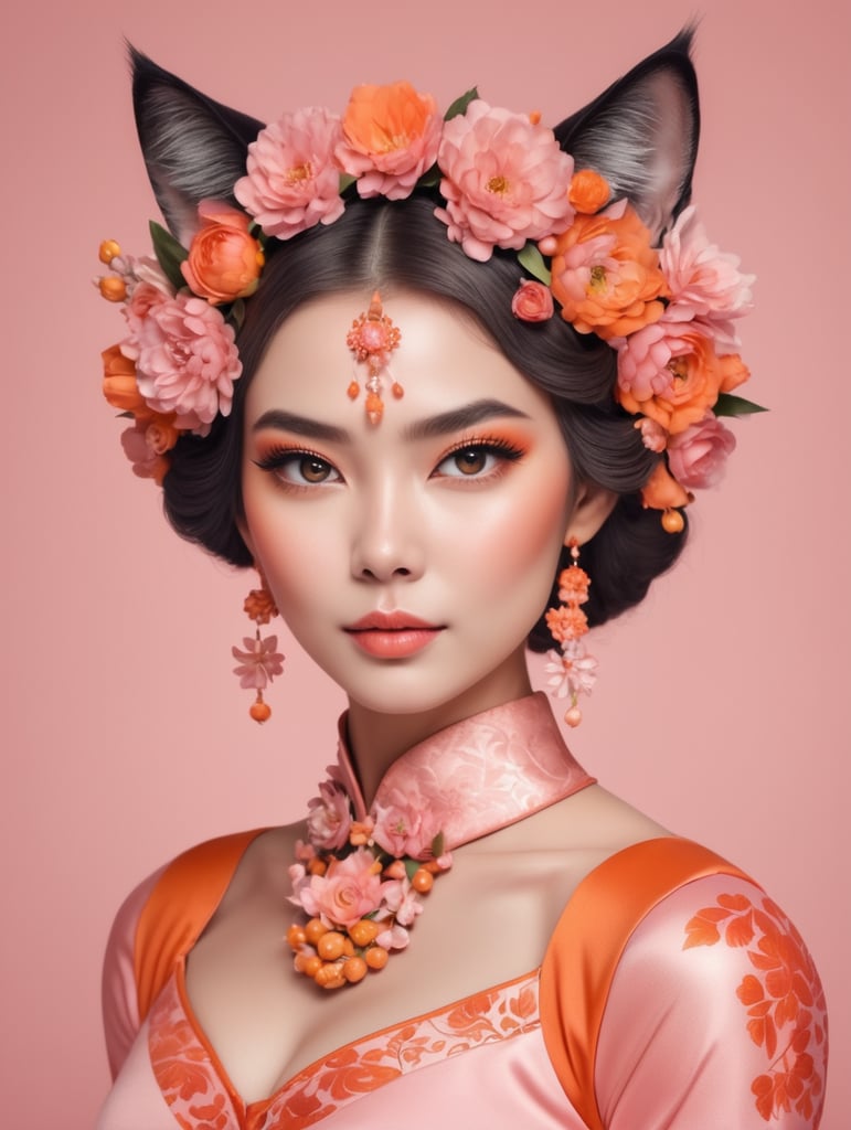 Cat woman kobieta kot uszy kwiat we włosach kolor różowy pomarańczowy