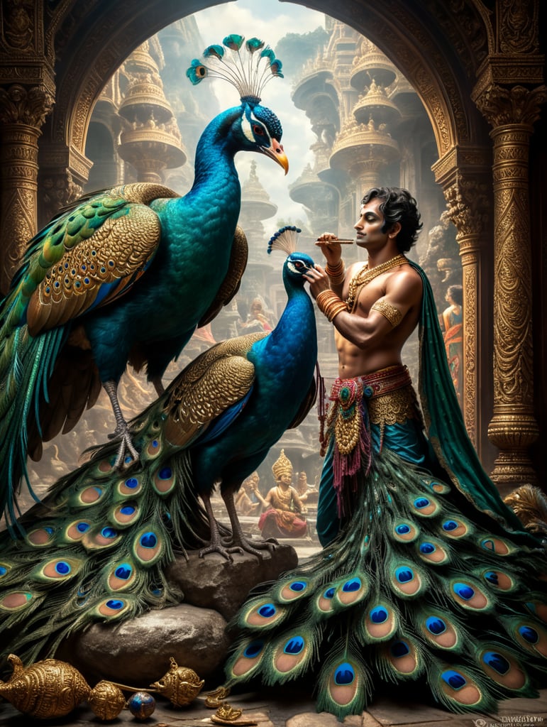lord Krishna playing with peacock in a fantasy world photo realistic