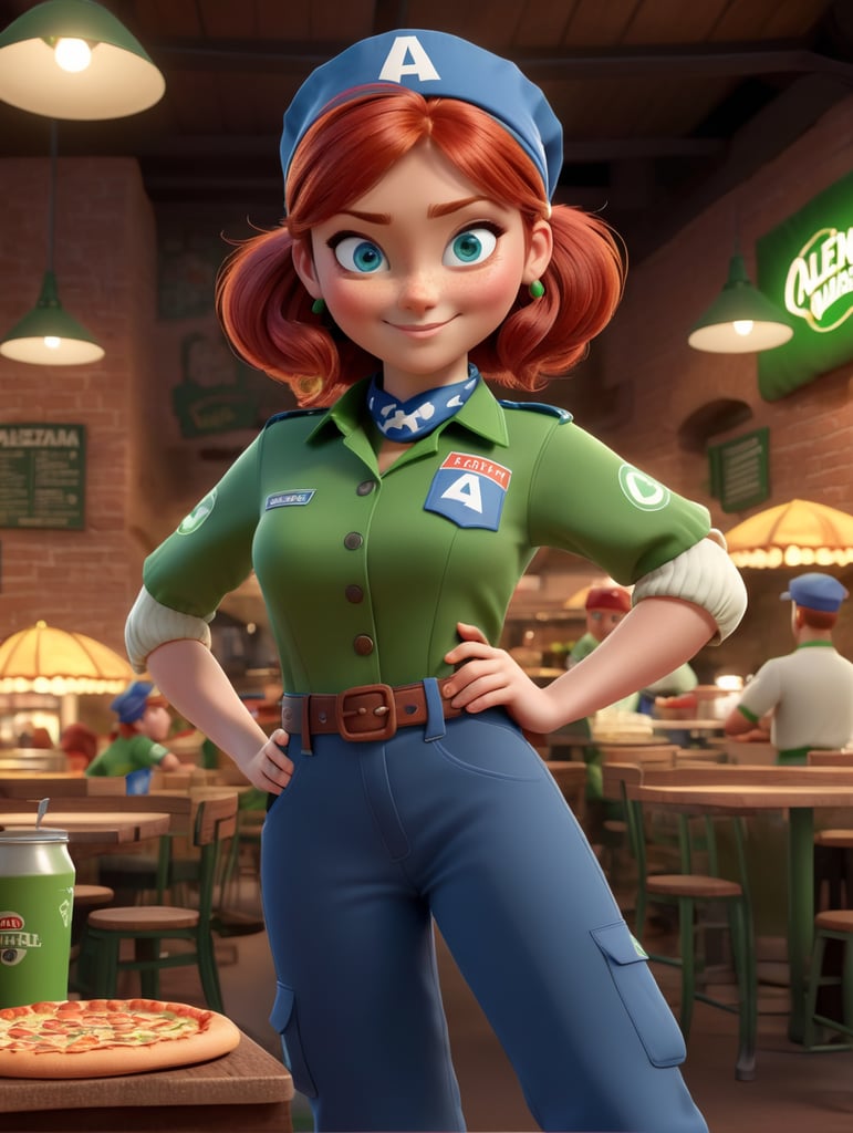 Alena works in a pizzeria. she is slender, red hair, brown hair, blue eyes, wearing a green uniform and bandana
