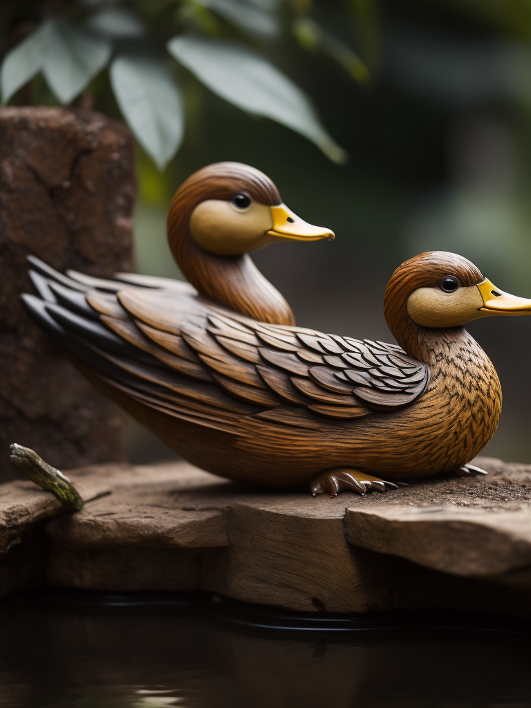 a deep carved wooden duck, sharp on details