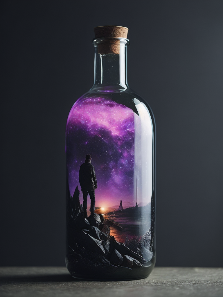 beautiful scenery nature glass bottle landscape, purple galaxy bottle BREAK detailed, cinematic lighting, professional colorgraded